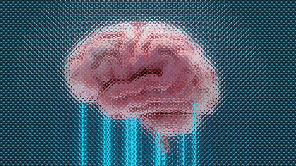 Pink human brain seen through a distorting textured glass pattern on a dark teal background, with glowing blue vertical streaks below