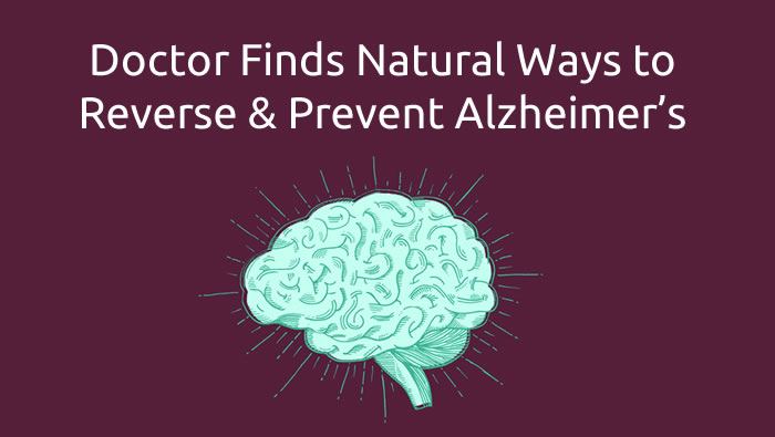 Mint green illustration of a brain on a dark purple background, under the headline "Doctor Finds Natural Ways to Reverse & Prevent Alzheimer's