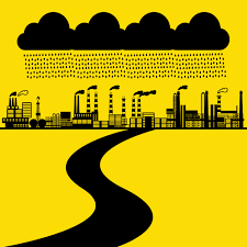 Black silhouette of factories with smoking chimneys under a rain cloud, beside a winding road, on yellow background