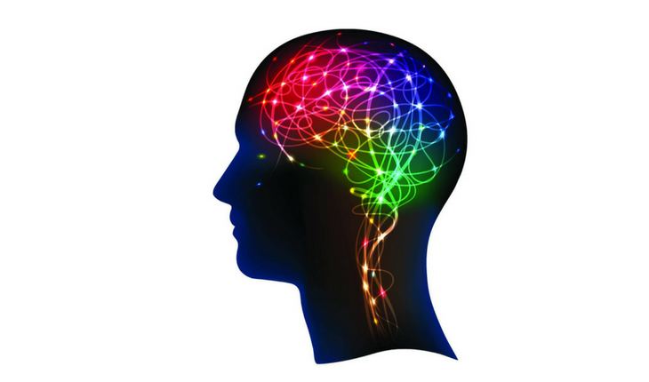 Silhouetted head in profile with a glowing, multicoloured network of neural pathways inside the brain