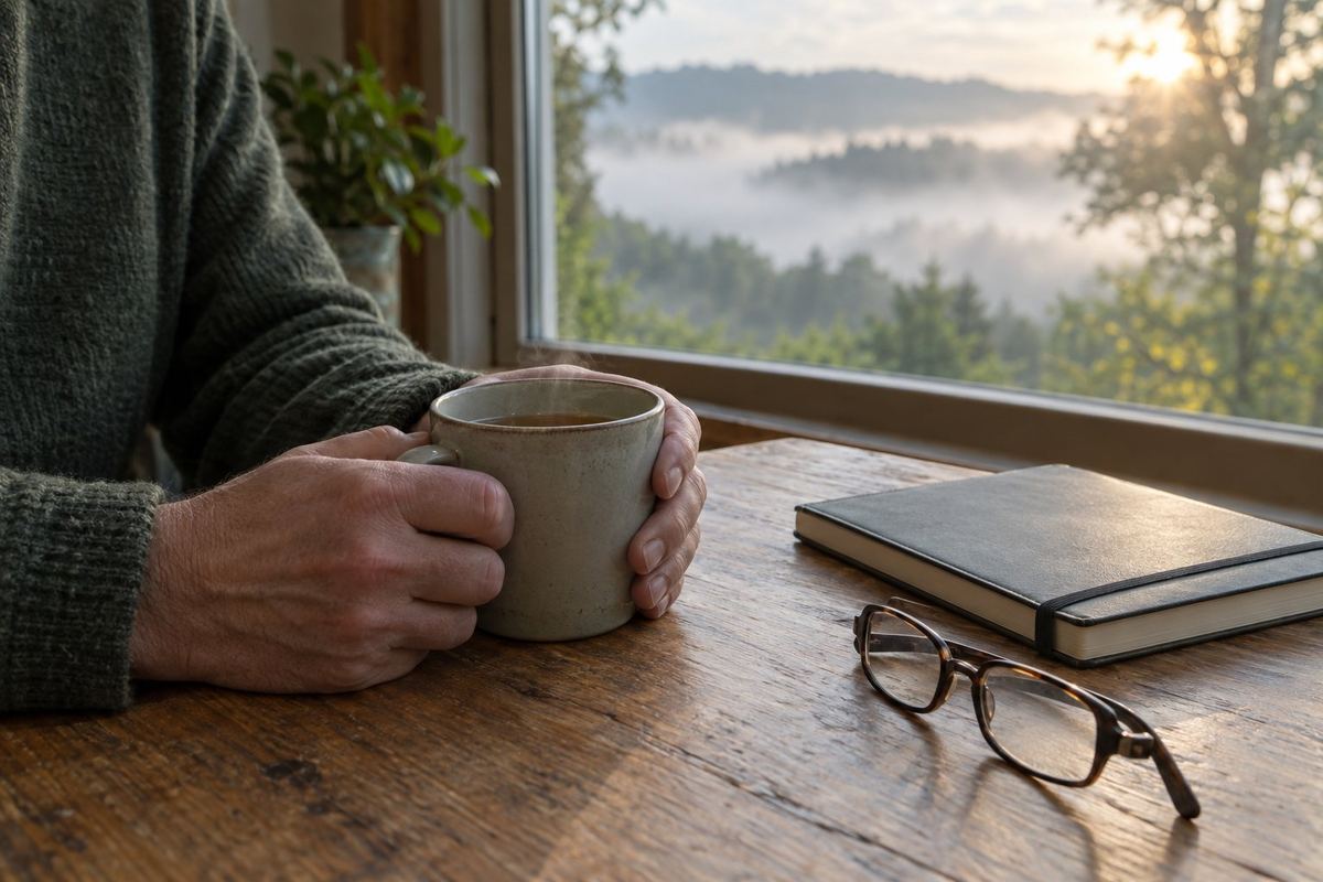 Hands around a mug beside reading glasses and a notebook, with mist outside the window